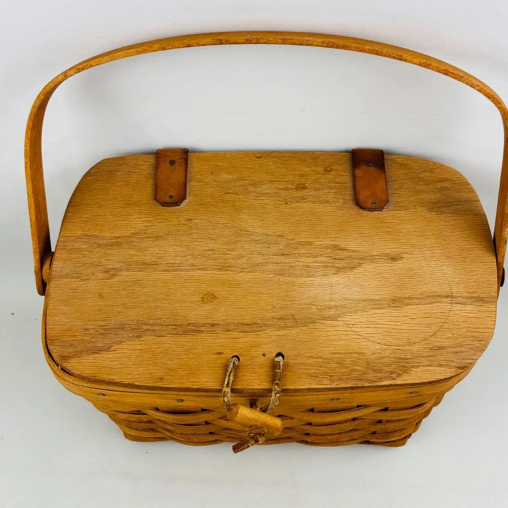 Vintage Longaberger Small Wood Picnic Basket Moving‎ Handle Brown Handwoven 1991